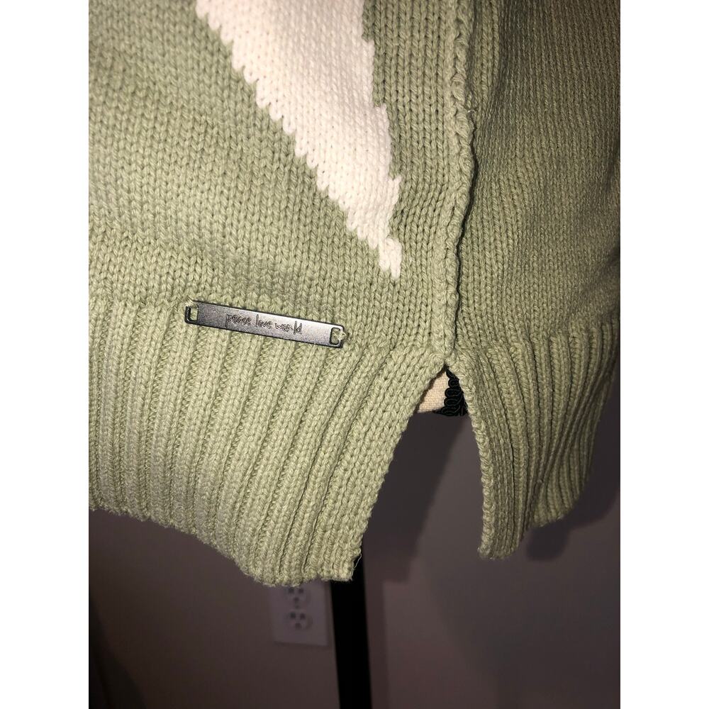 Peace Love World Star Sweater Size M Green Cream Cotton Blend Long Sleeve Slits - Picture 7 of 9